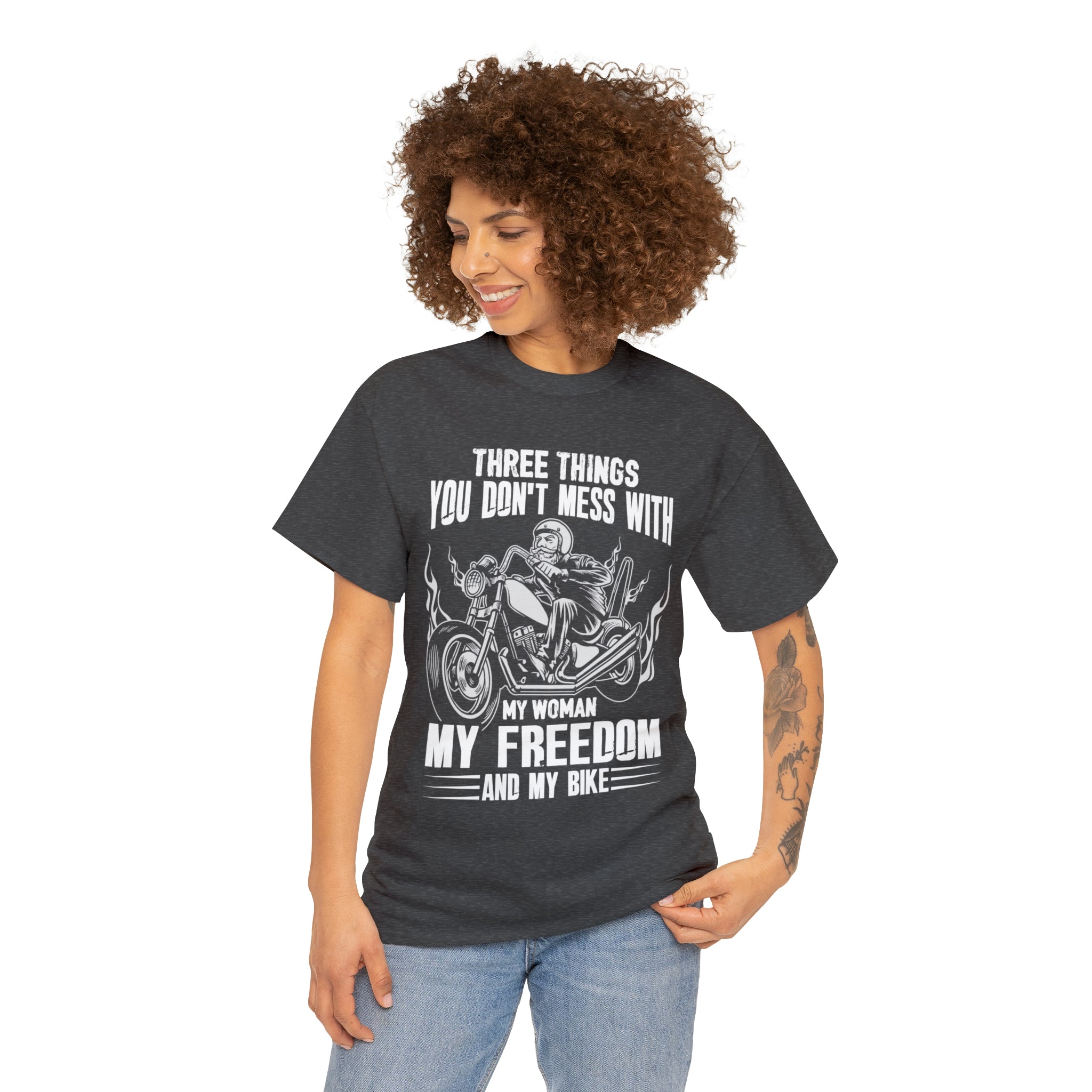 Men's Funny Motorcycle Biker Bike Night Week  Cotton T-shirt "Three Things You Don't Mess With  My Woman, My Freedom and My Bike