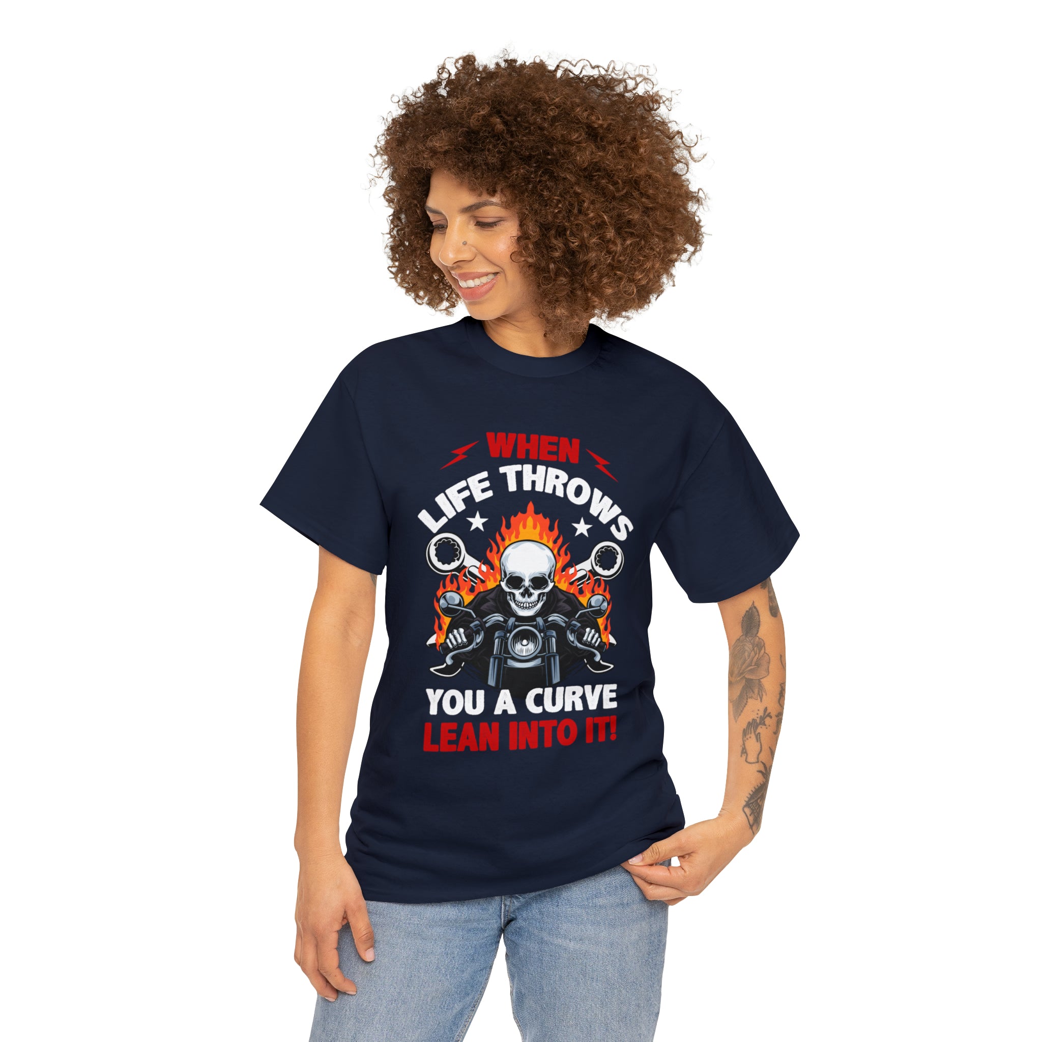 Unisex Motorcycle Biker Bike Week  T-Shirt When Life Throws You a Curve Lean Into It