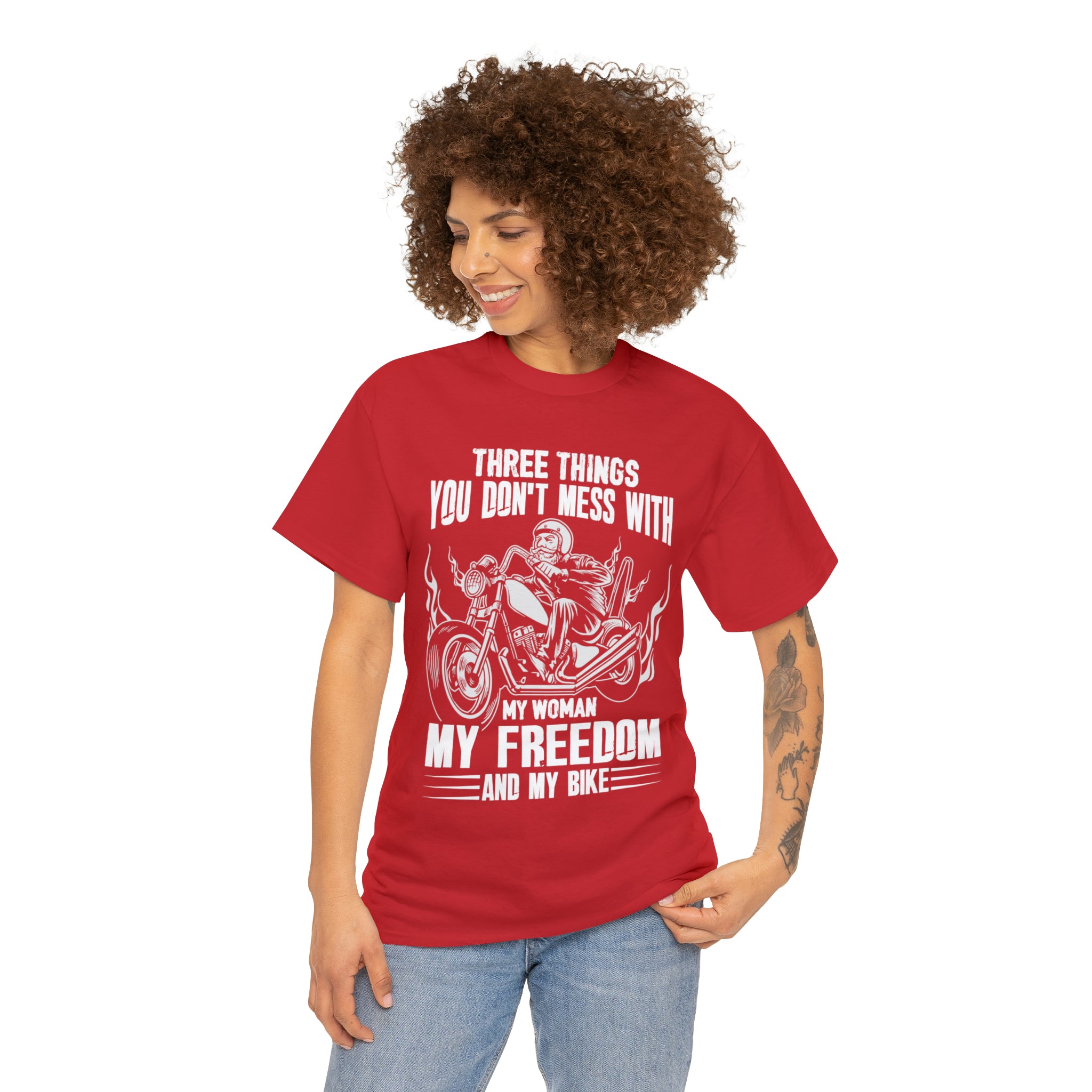 Men's Funny Motorcycle Biker Bike Night Week  Cotton T-shirt "Three Things You Don't Mess With  My Woman, My Freedom and My Bike