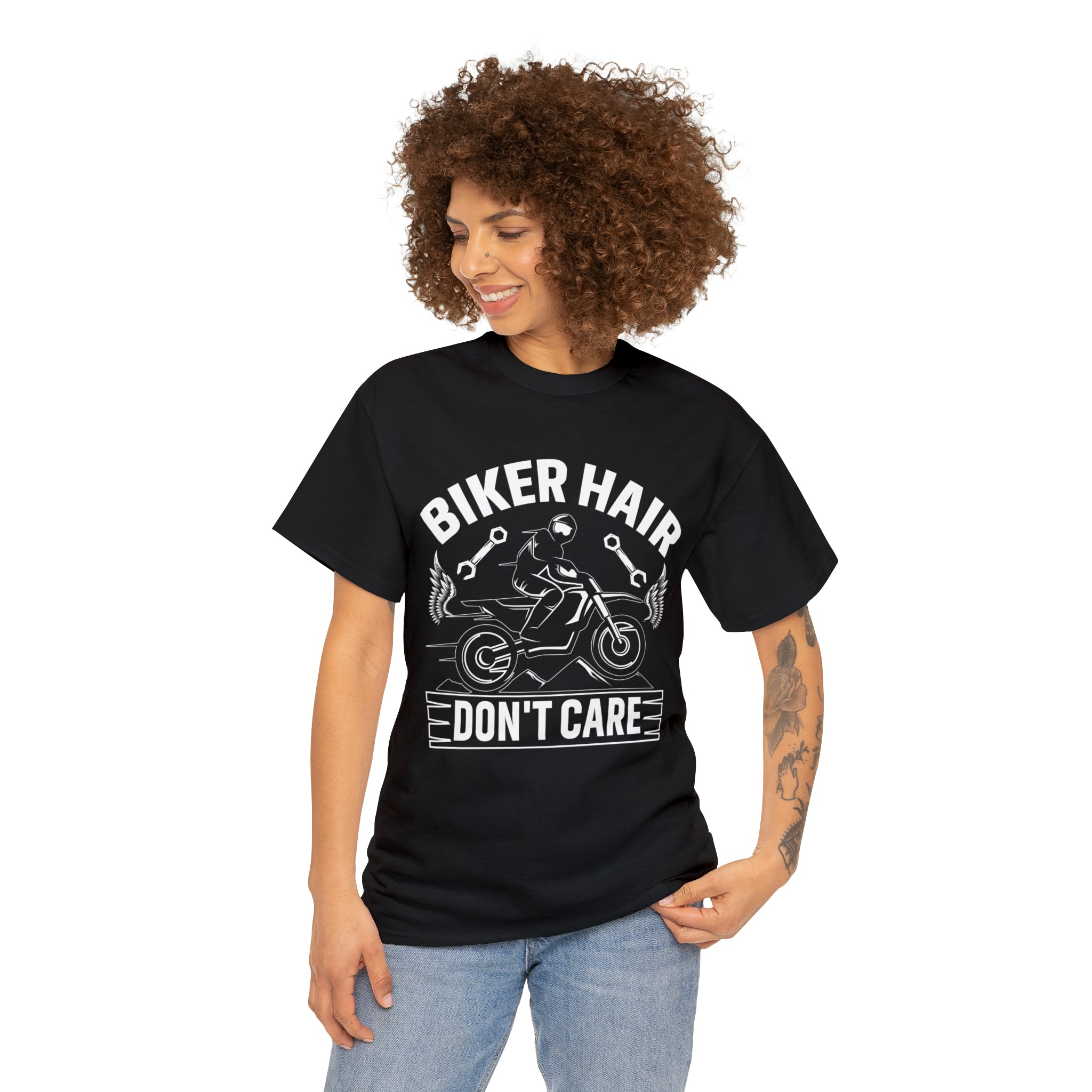 Black and White Funny Unisex Biker Bike Night Week Motorcycle T-Shirt Biker Hair Don't Care