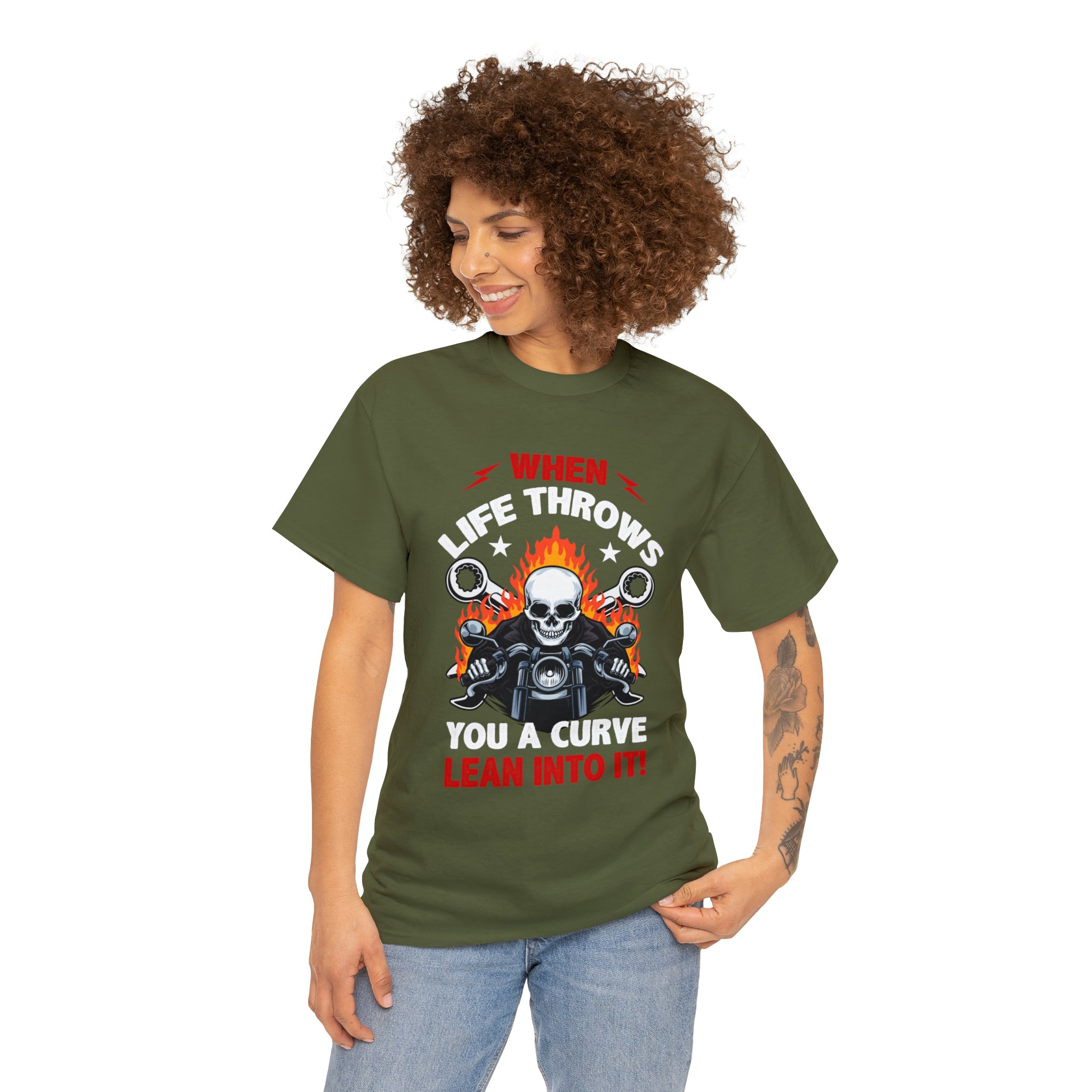 Unisex Motorcycle Biker Bike Week  T-Shirt When Life Throws You a Curve Lean Into It