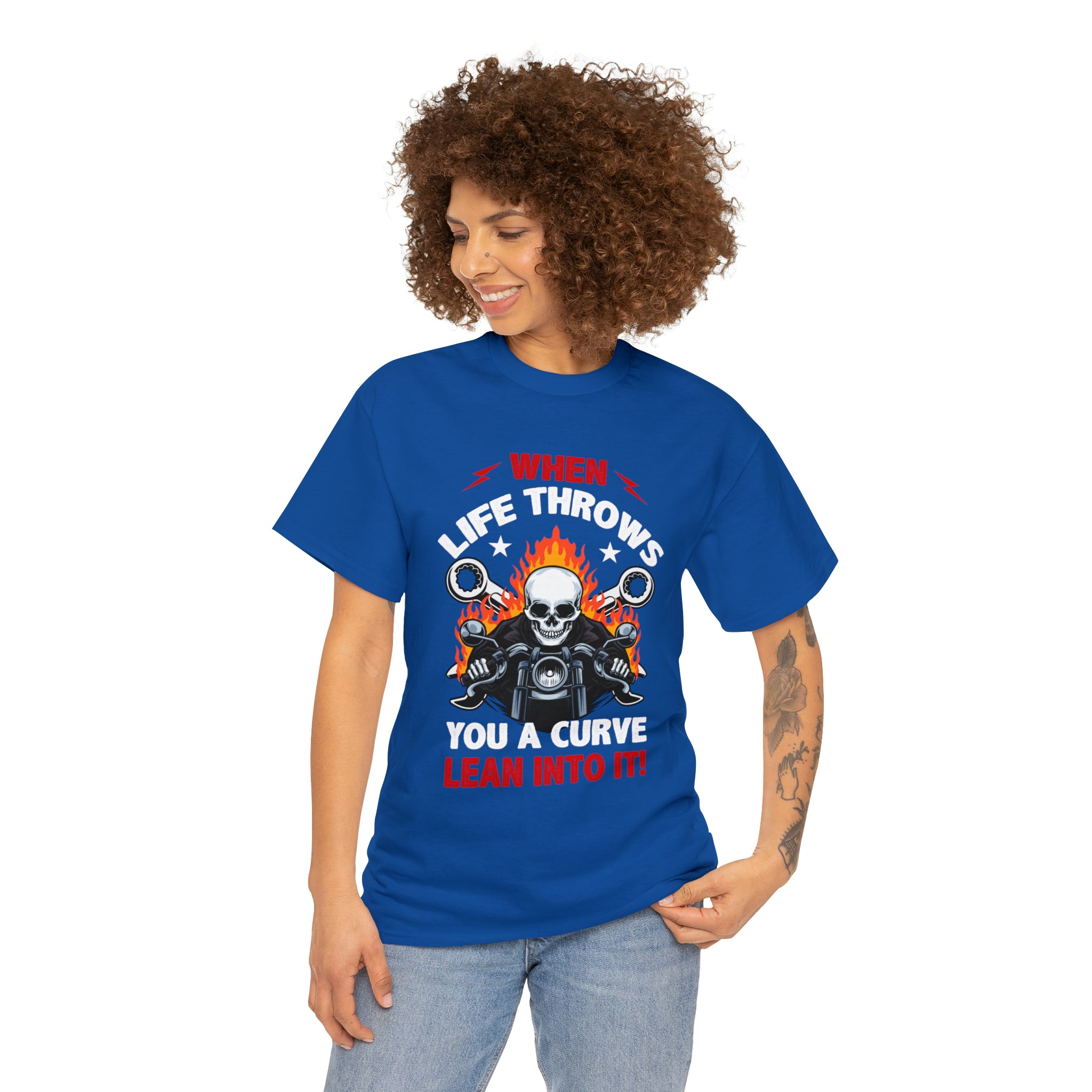 Unisex Motorcycle Biker Bike Week  T-Shirt When Life Throws You a Curve Lean Into It