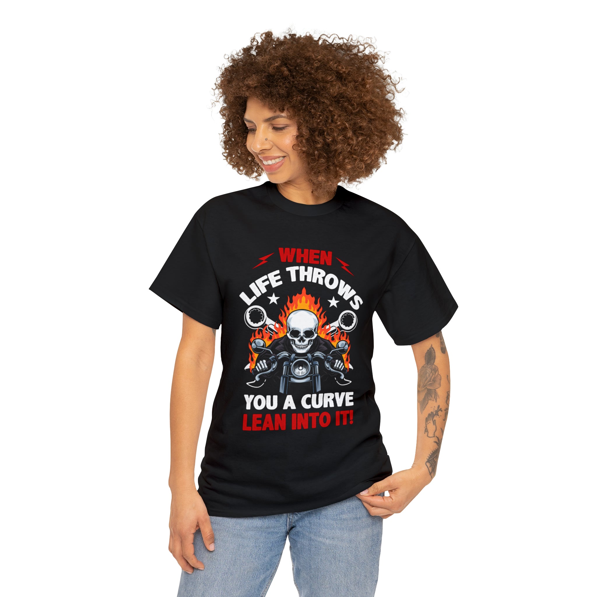 Unisex Motorcycle Biker Bike Week  T-Shirt When Life Throws You a Curve Lean Into It